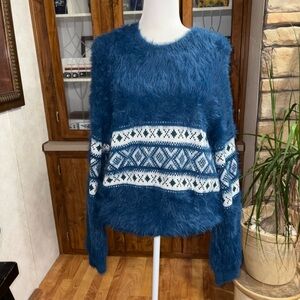 BDG urban outfitters blue fuzzy sweater with fair isle pattern very soft.